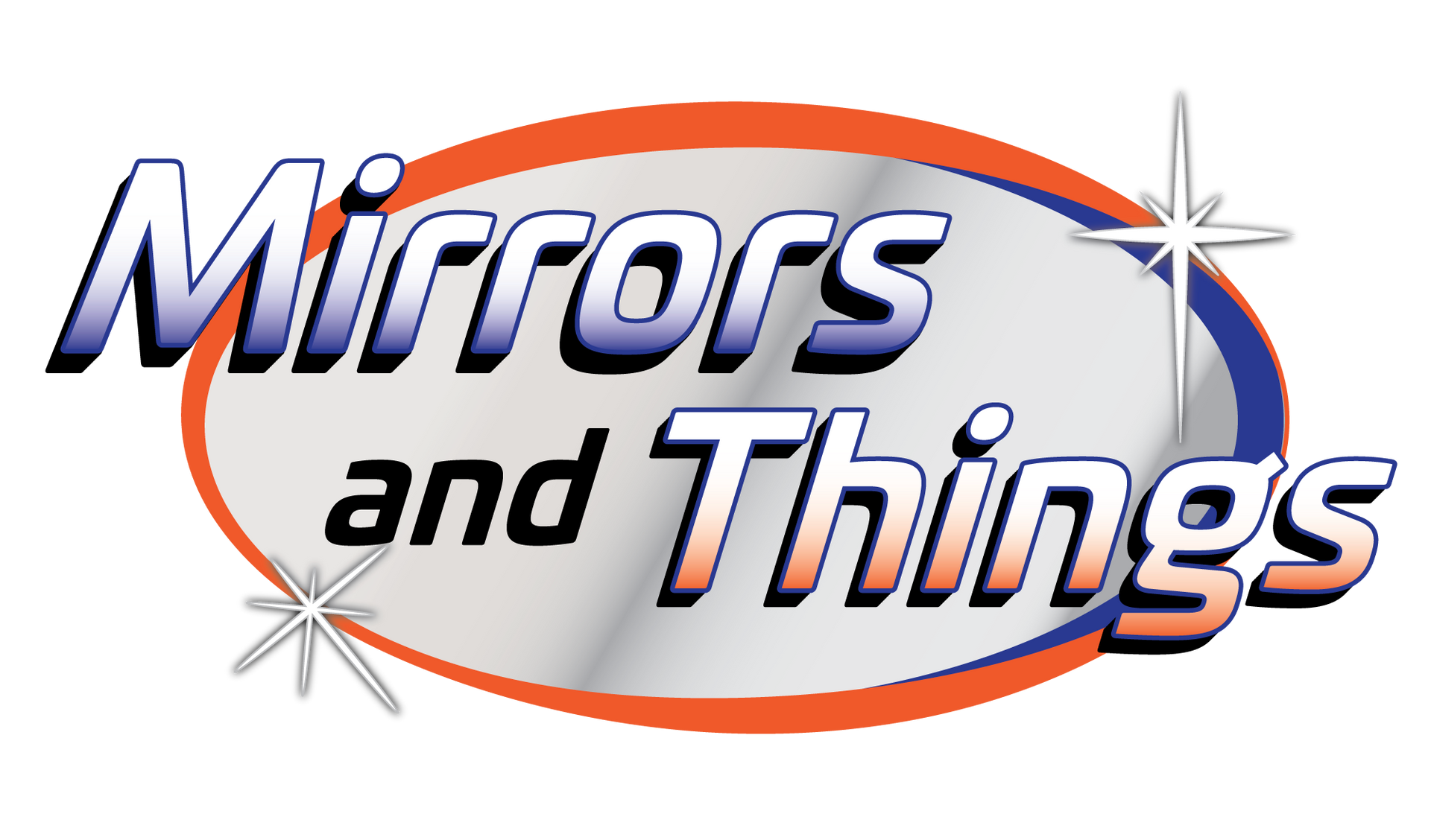 Mirrors and Things logo with italic purple text inside an orange oval and silver star accents