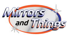Logo reading “Mirrors and Things” with blue and black text, an orange oval, and silver starbursts