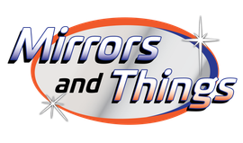 Mirrors and Things logo with italic purple text inside an orange oval and silver star accents