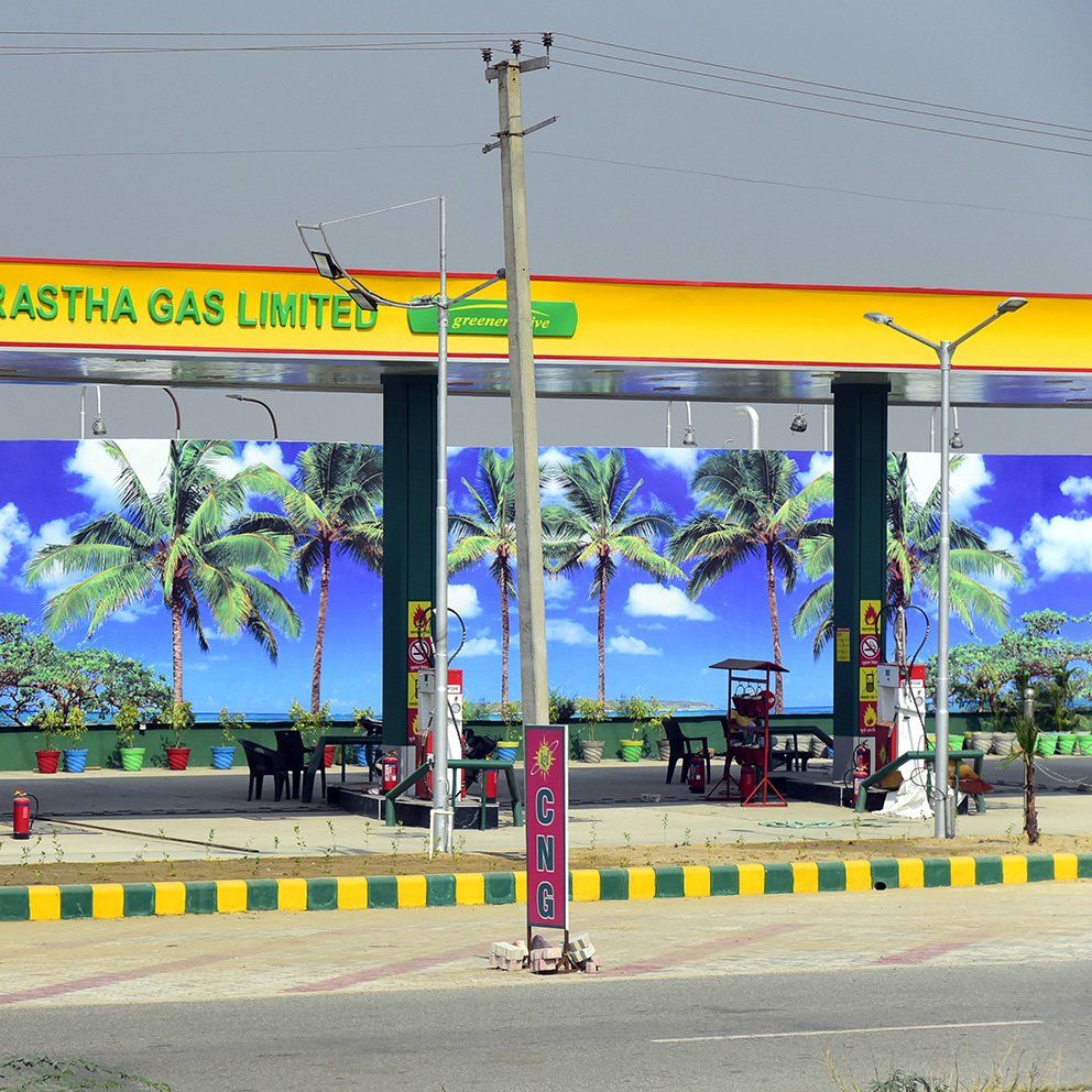 Gas station with palm trees, India