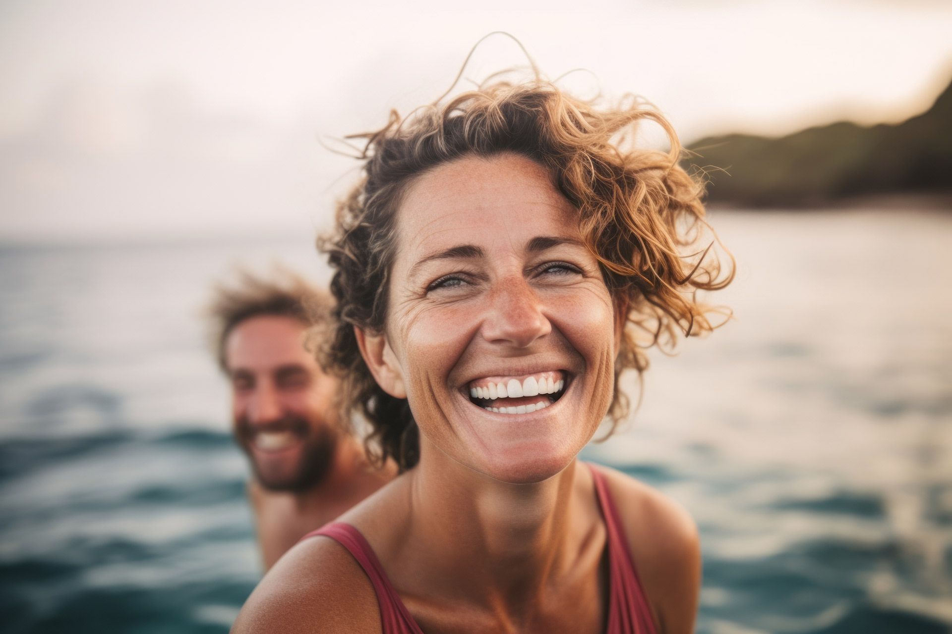 a woman is smiling in front of a man in the water