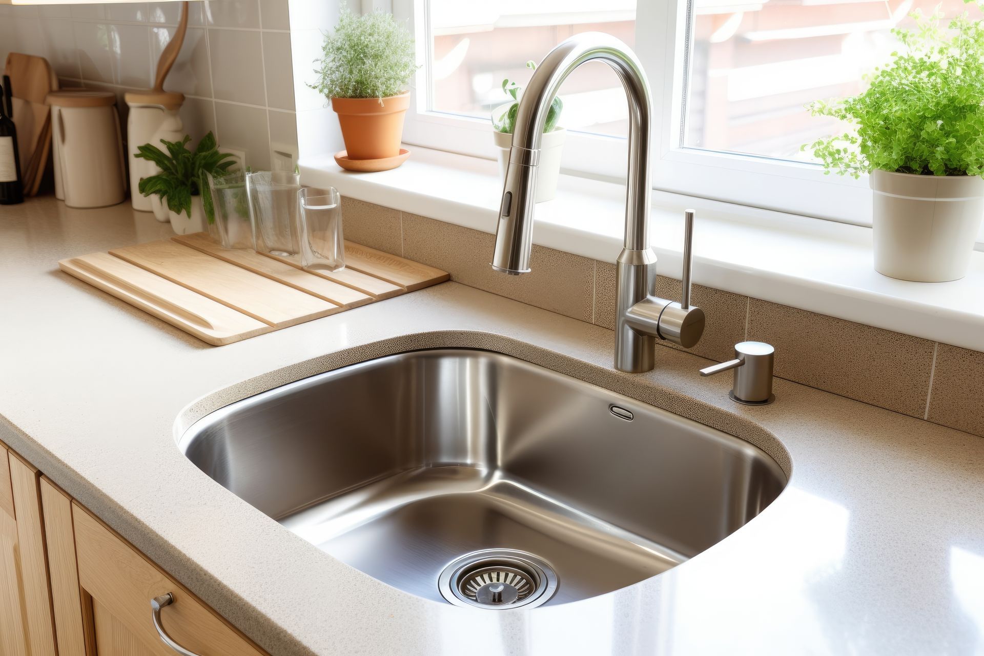 A kitchen sink with a faucet and a window in the background.
