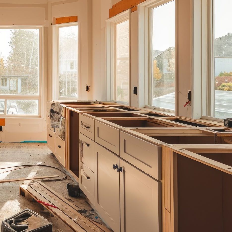 A kitchen under construction with a lot of cabinets and windows