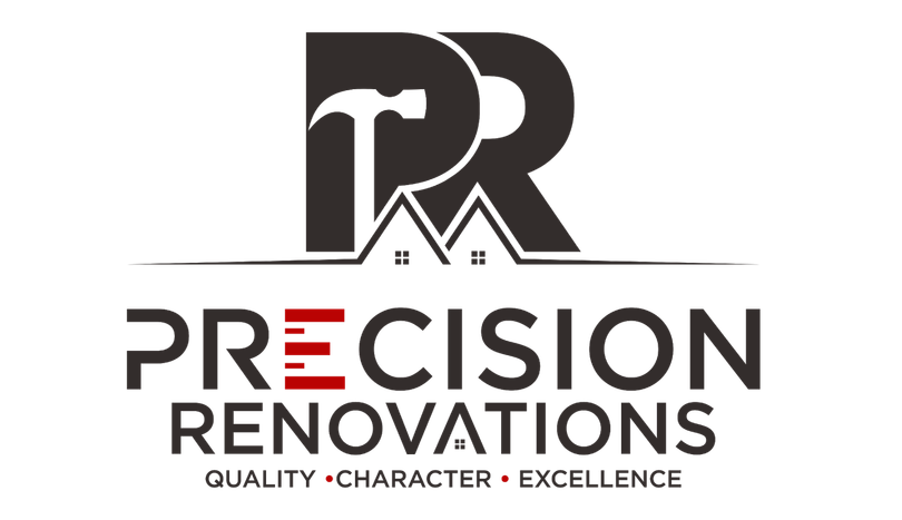 The logo for precision renovations is black and red and says quality character excellence.