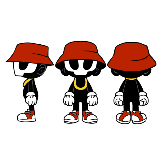 Three views of a cartoon character in a red bucket hat, gold chain, red sneakers, and black body.