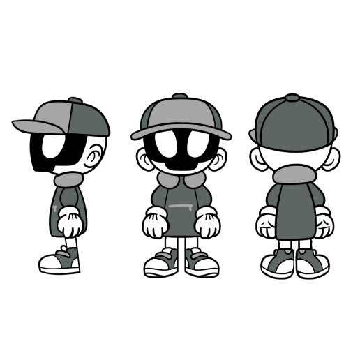 Three views of a cartoon character in a cap, hoodie, and sneakers; front, side, and back.