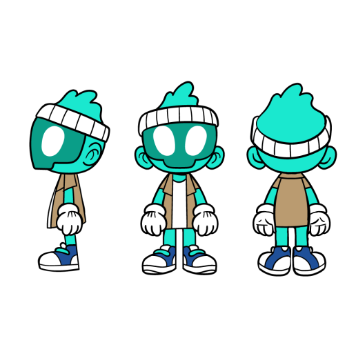 Cartoon character in turquoise with a brown jacket, white gloves, and blue shoes, shown from three angles.
