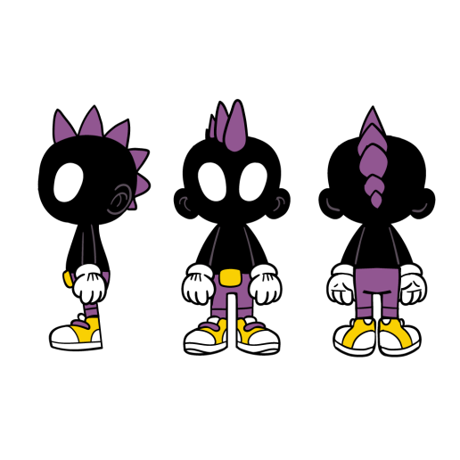 Three-view character design of a black creature with purple mohawk, wearing white gloves, purple pants, and yellow sneakers.