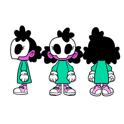 Cartoon character with skull face, green dress, black hair, pink sneakers, shown in front, profile, and back view.
