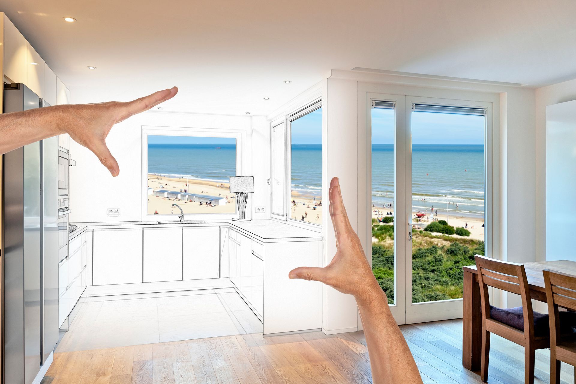 Planned renovation of an open modern kitchen from loft with view to the beach.