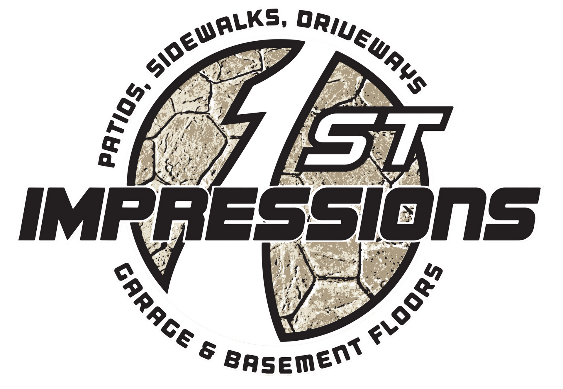 Logo for 1st Impressions. Black text on white with a stone-like design. "Patios, Sidewalks, Driveways" and "Garage & Basement Floors" are in the logo.
