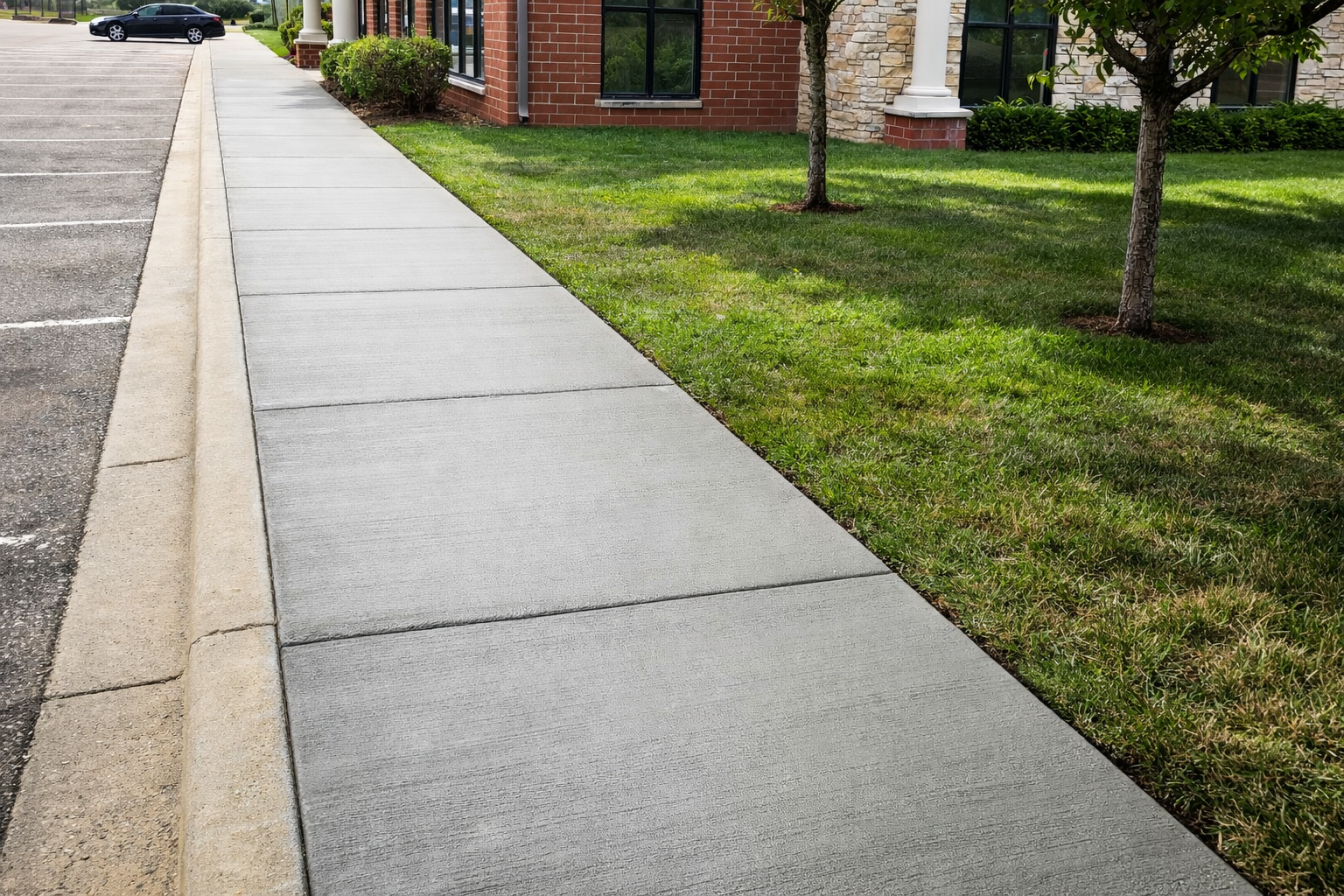 Concrete sidewalk bordered by curb and grass in front of a brick building.
