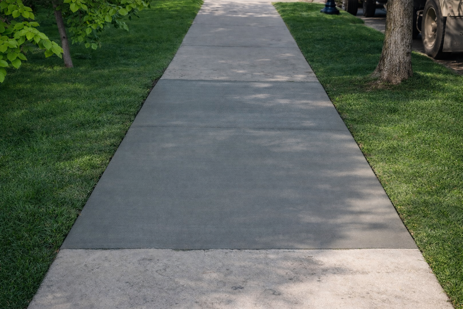 Concrete sidewalk with grass on either side, tree on right, and another on the left.