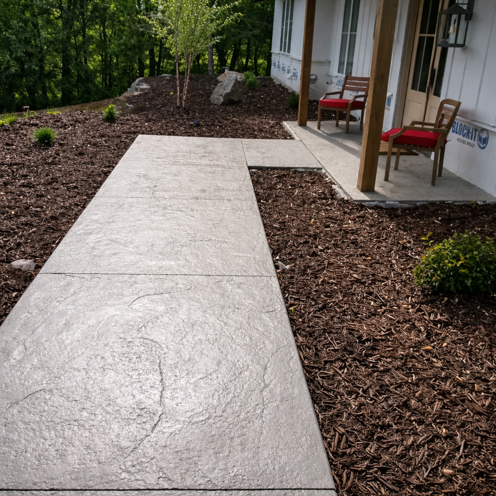 Concrete walkway leading to a porch with two chairs, surrounded by wood mulch.