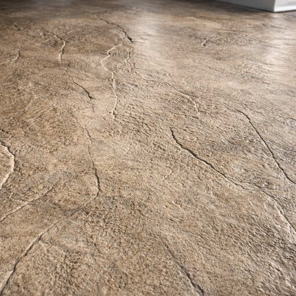 Textured tan concrete floor with decorative cracks.