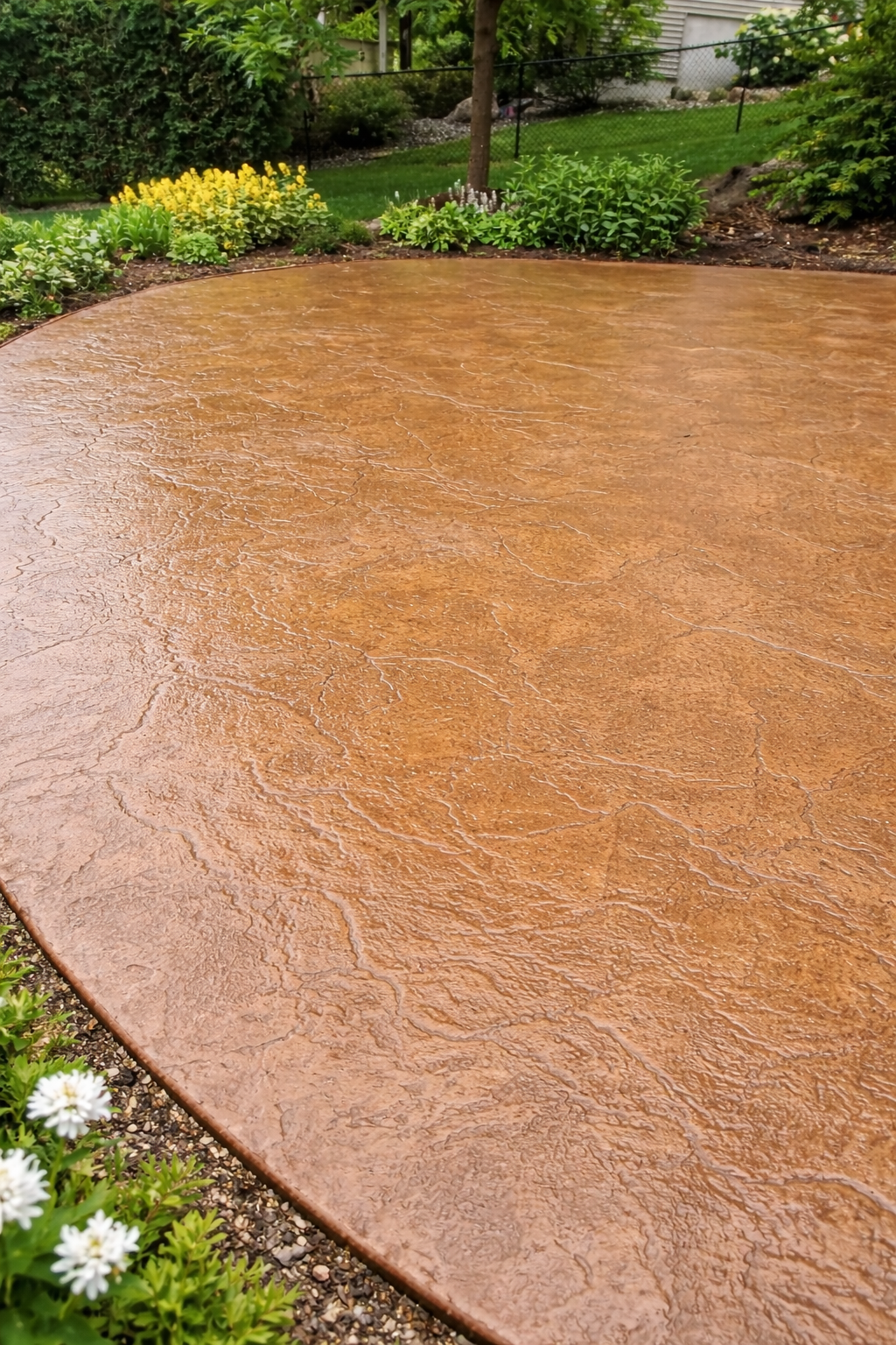 Brown stamped concrete patio with curved edges, surrounded by greenery and flowers.
