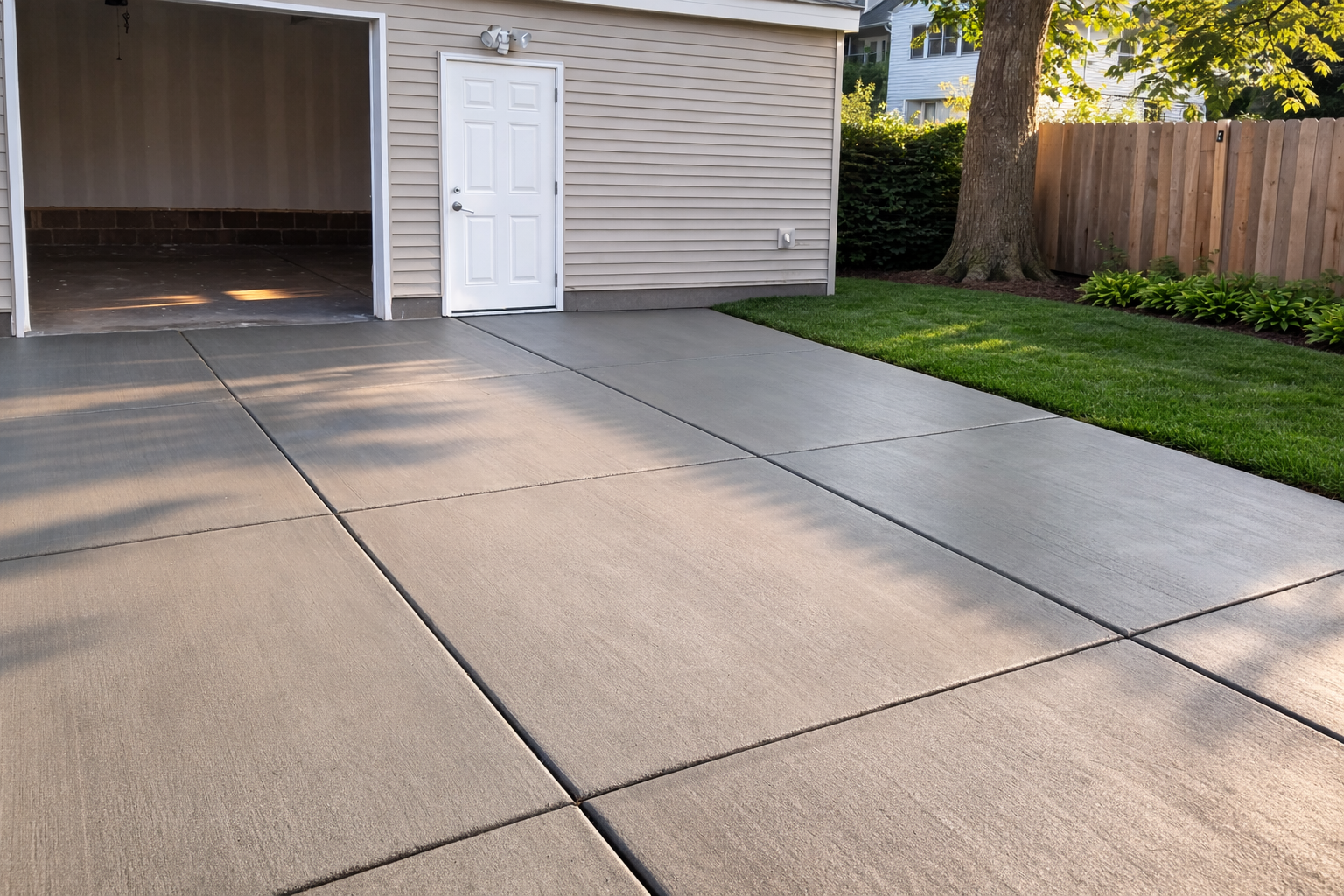 Concrete driveway in front of a garage, with a grassy lawn on the right side.