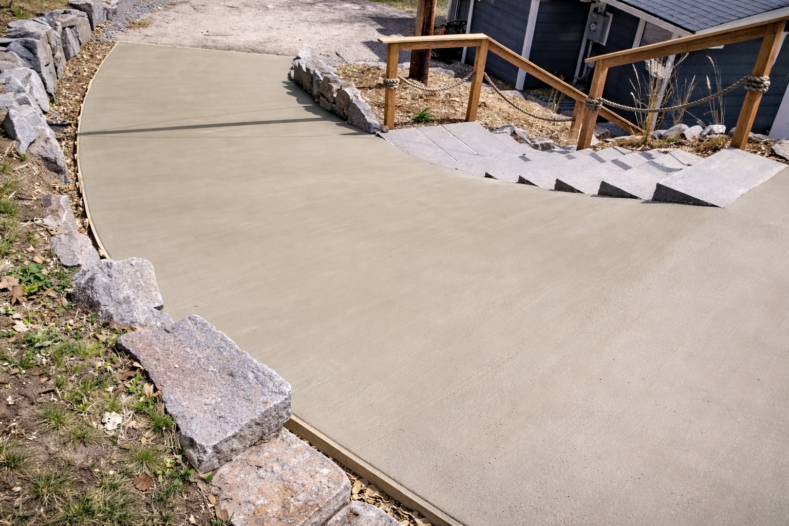 Newly poured concrete path with stone retaining walls and stairs leading to a building.