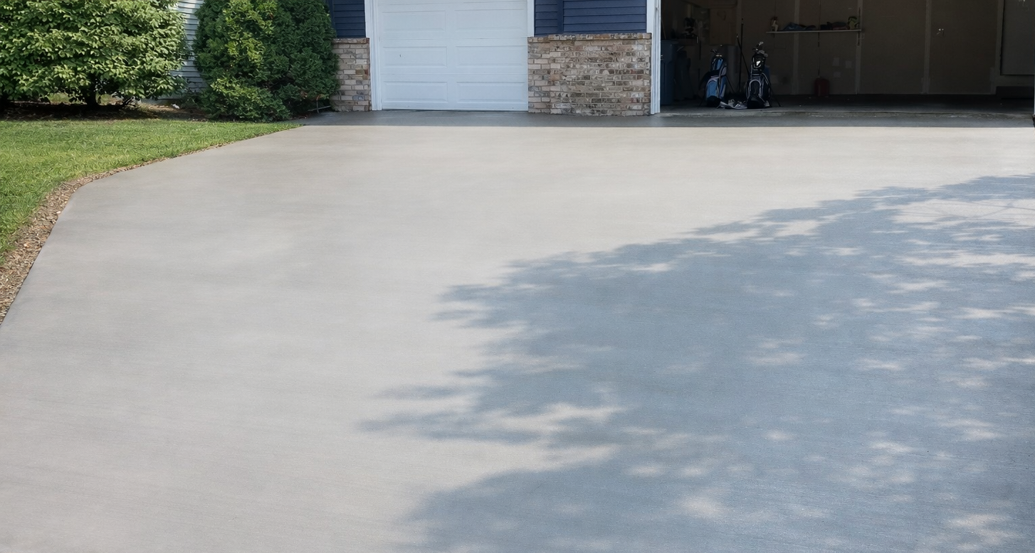 A concrete driveway leading to a garage. Trees cast shadows on the gray surface.