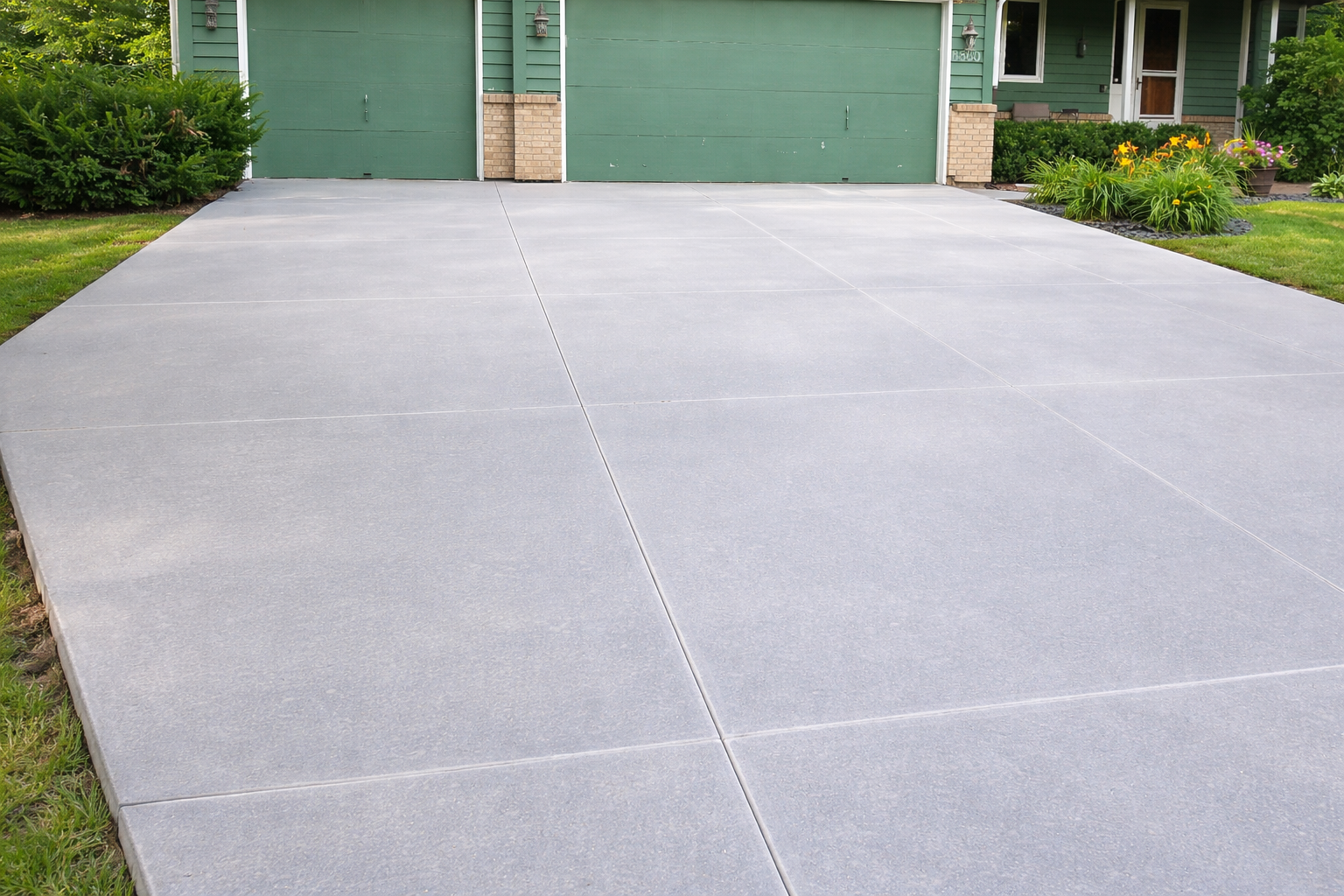Gray concrete driveway leading to green garage doors and a house.