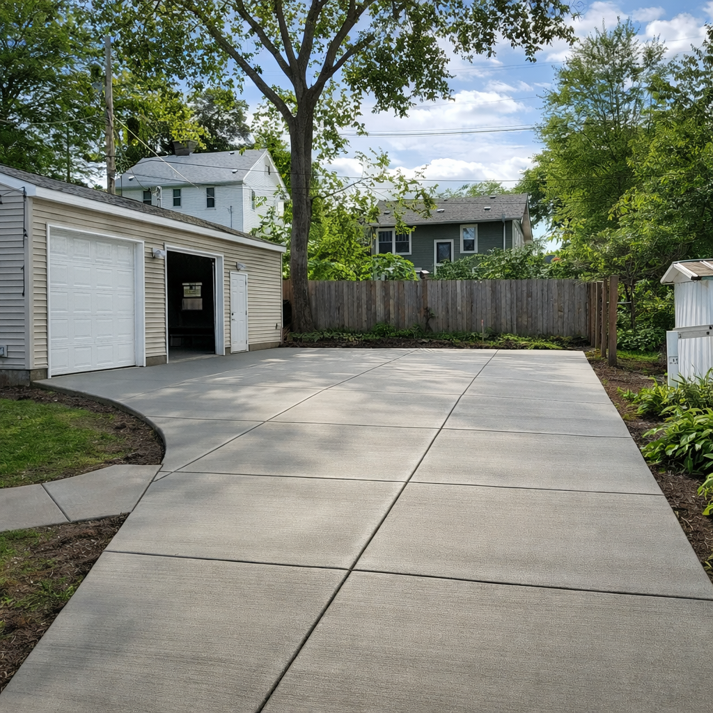 Concrete driveway with a garage and two houses in the background on a sunny day.