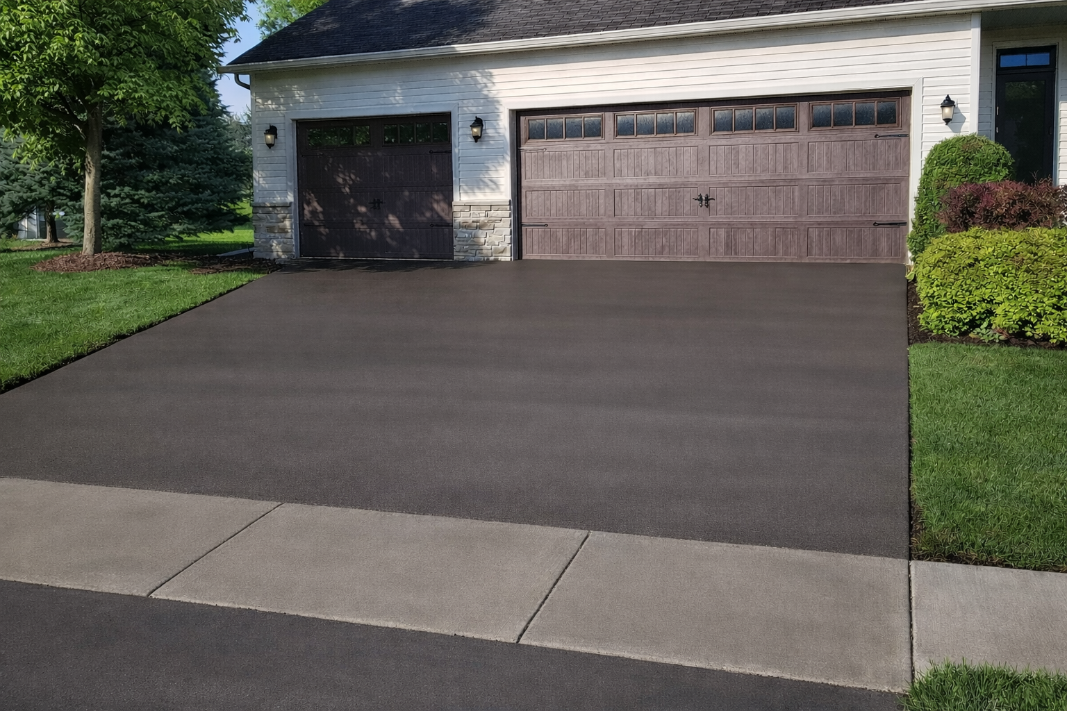 Black asphalt driveway in front of a house with a brown garage door and green lawn.
