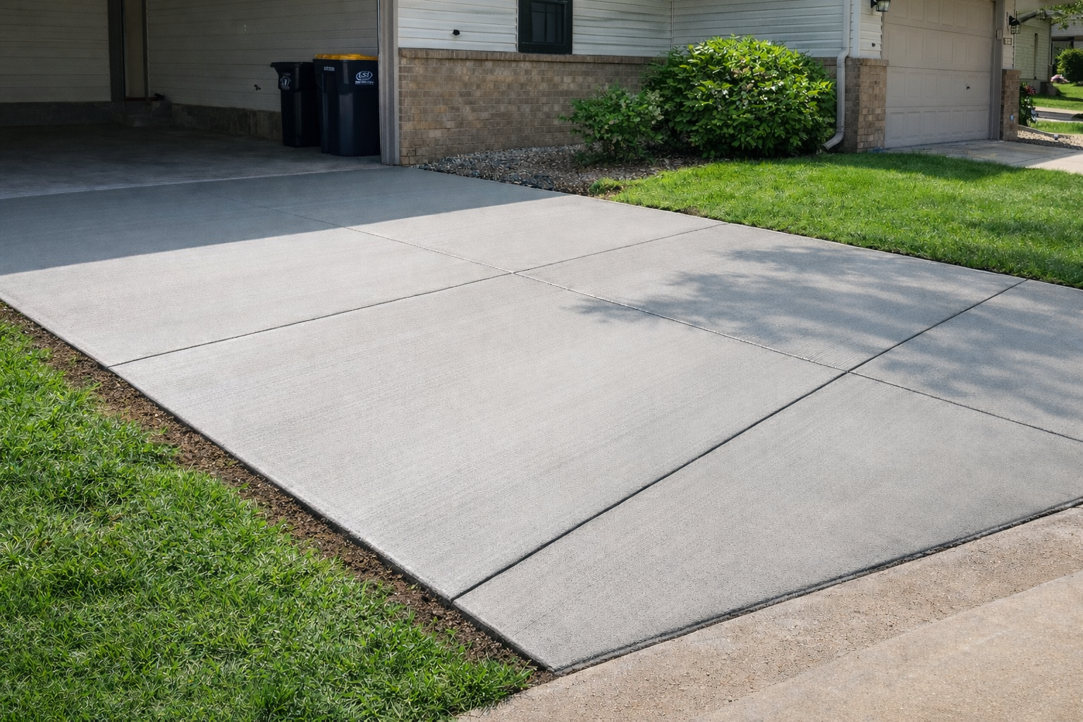 Concrete driveway with green grass on both sides. Garbage cans sit near a garage.