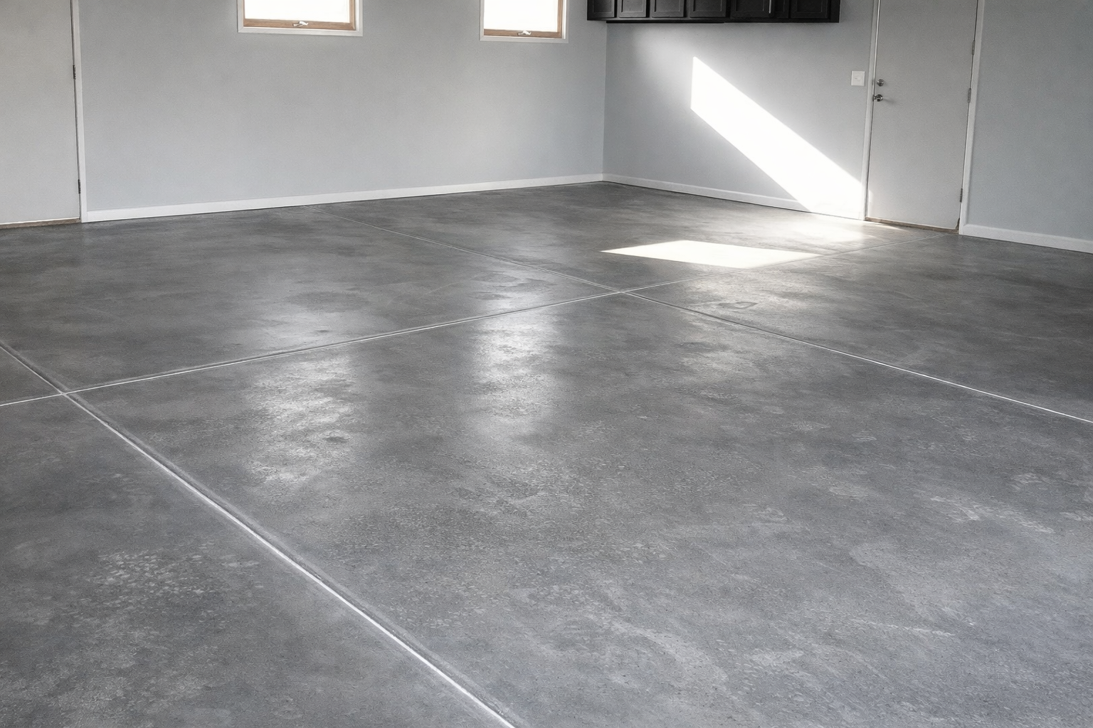 Gray concrete garage floor with white trim and a door.