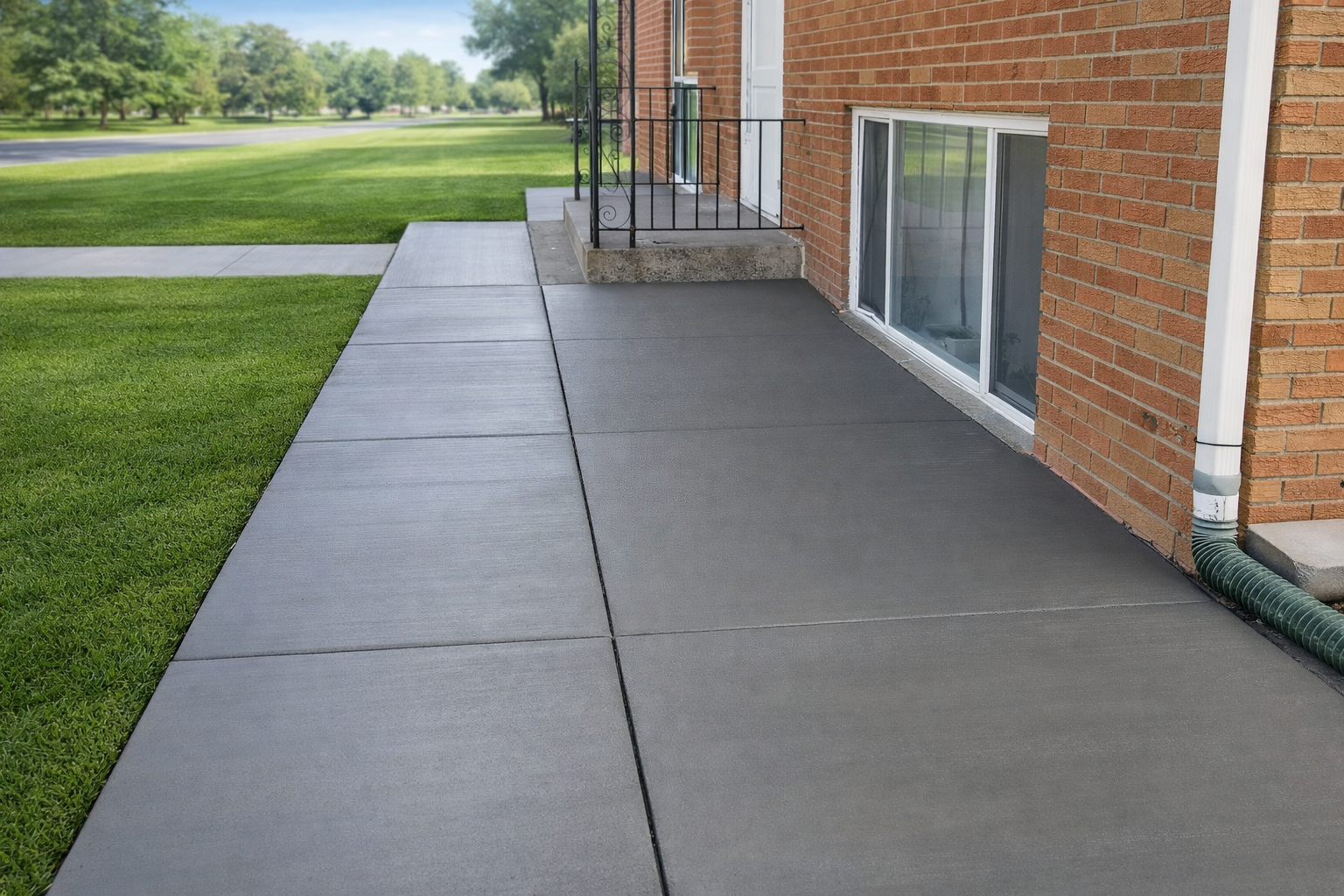 Gray concrete walkway next to brick building with a green lawn.