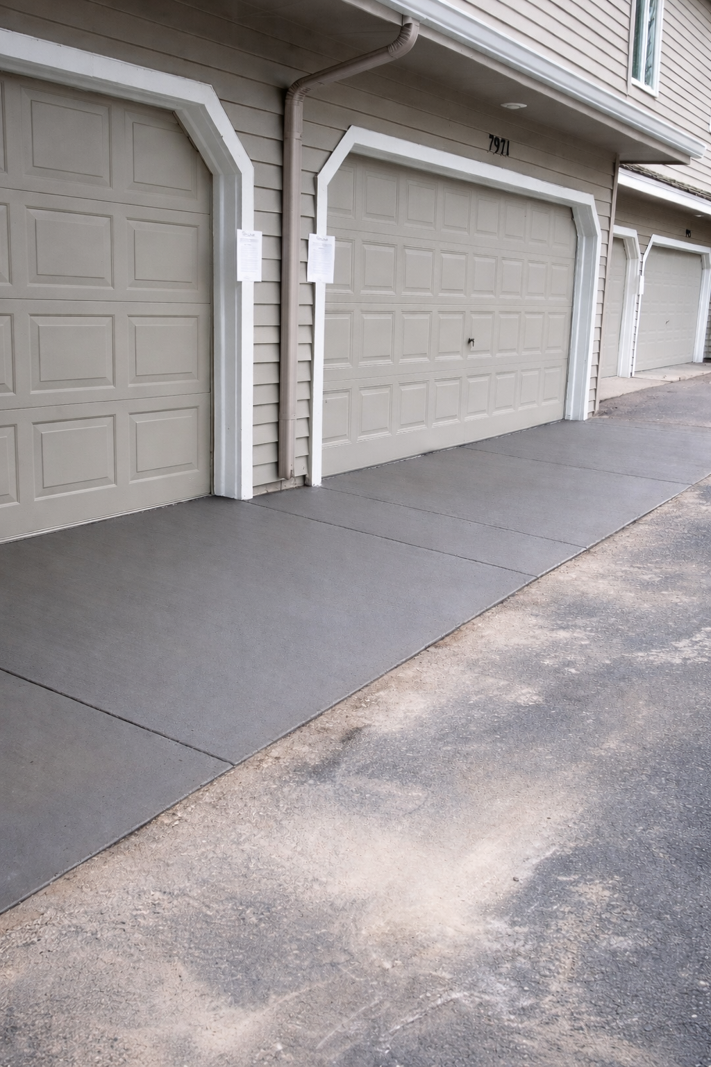 Three garage doors with gray concrete driveway and tan siding.