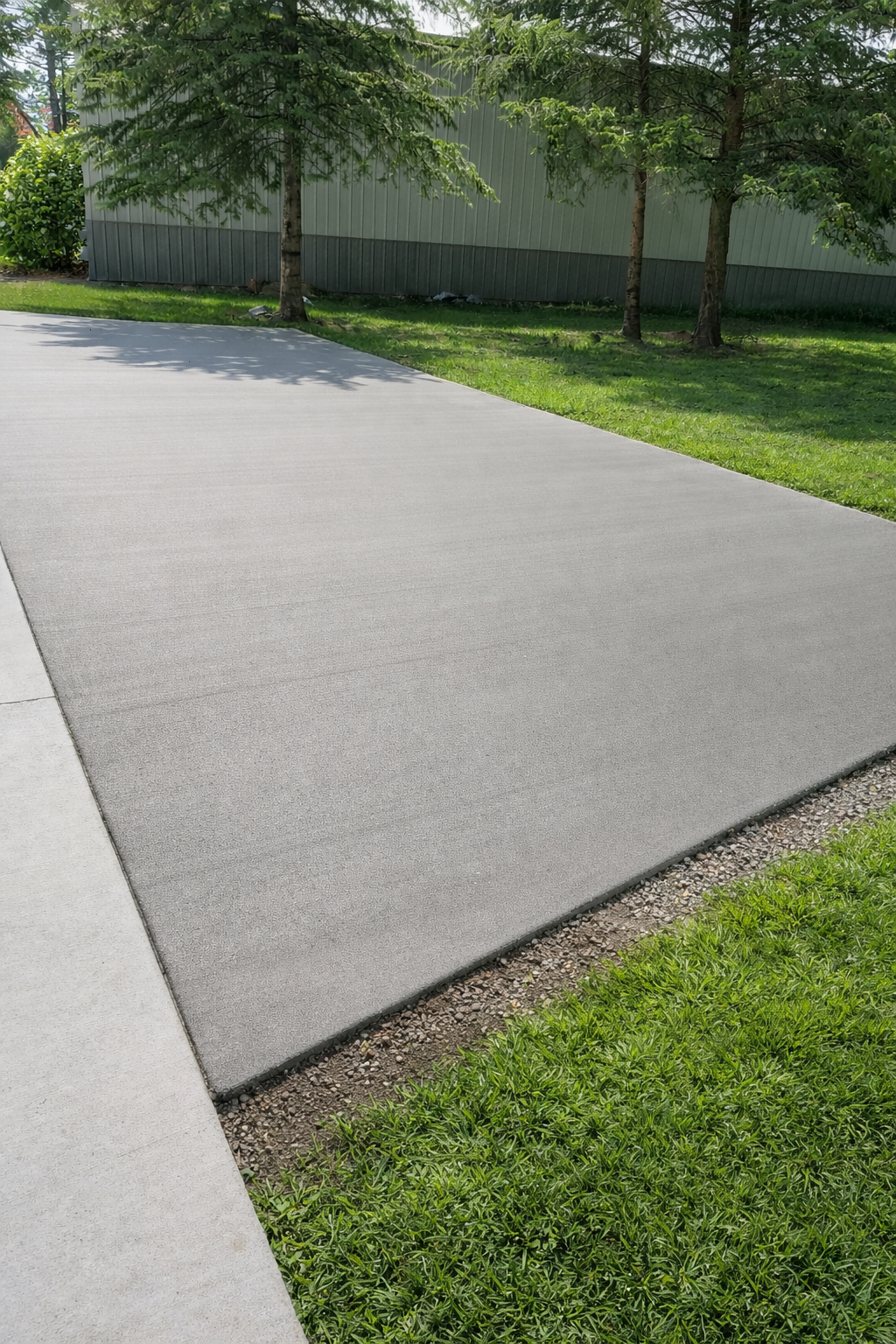Asphalt driveway next to grass and a concrete sidewalk, with trees in background.