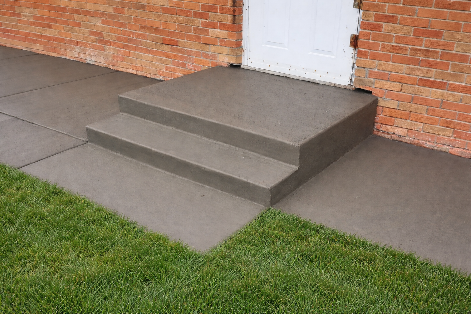 Concrete steps leading up to a white door, set against a brick wall and green grass.