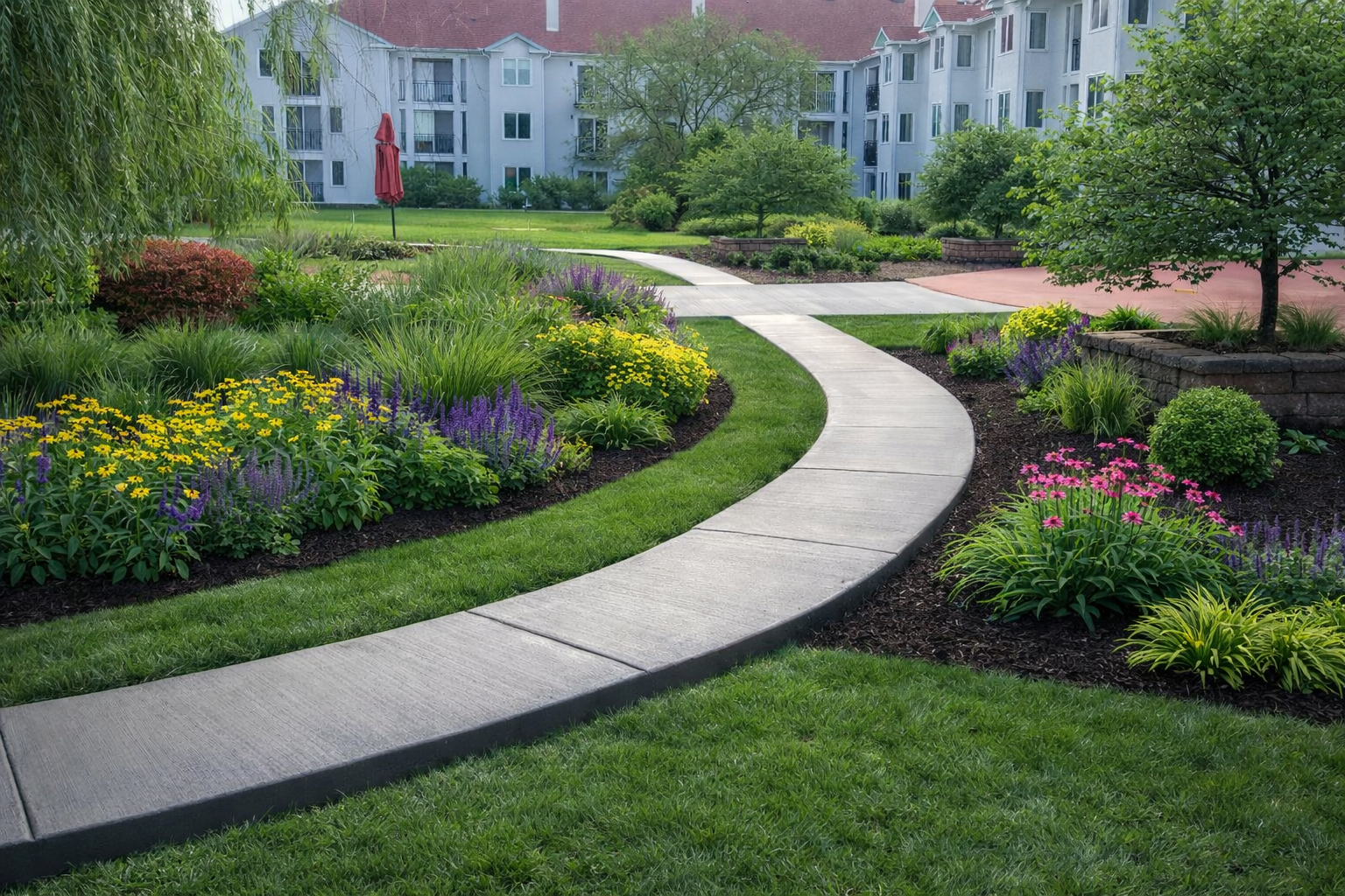 Curving concrete path through a vibrant garden with colorful flowers and green grass, with apartment buildings in the background.