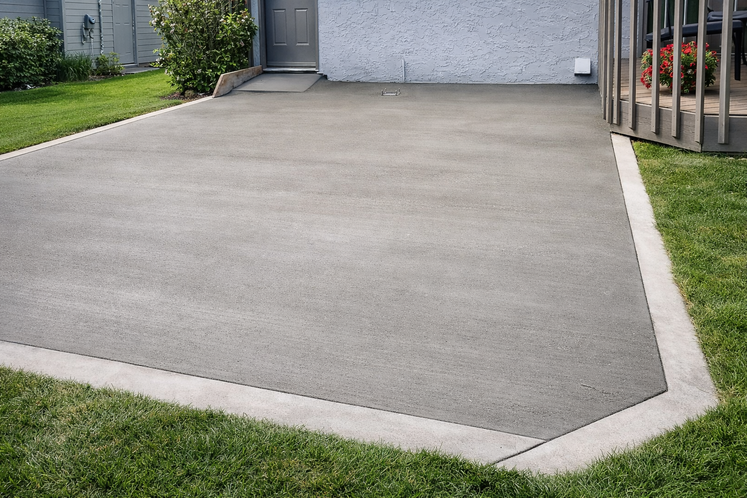 Gray concrete patio with a concrete border, next to green grass and a building.