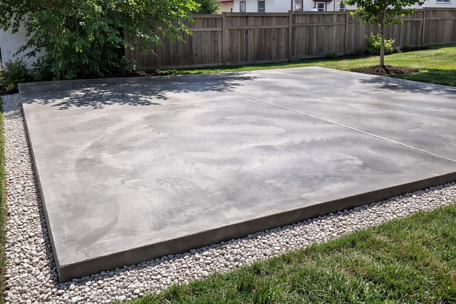 Concrete patio bordered by gravel, with a grassy yard and wooden fence in the background.