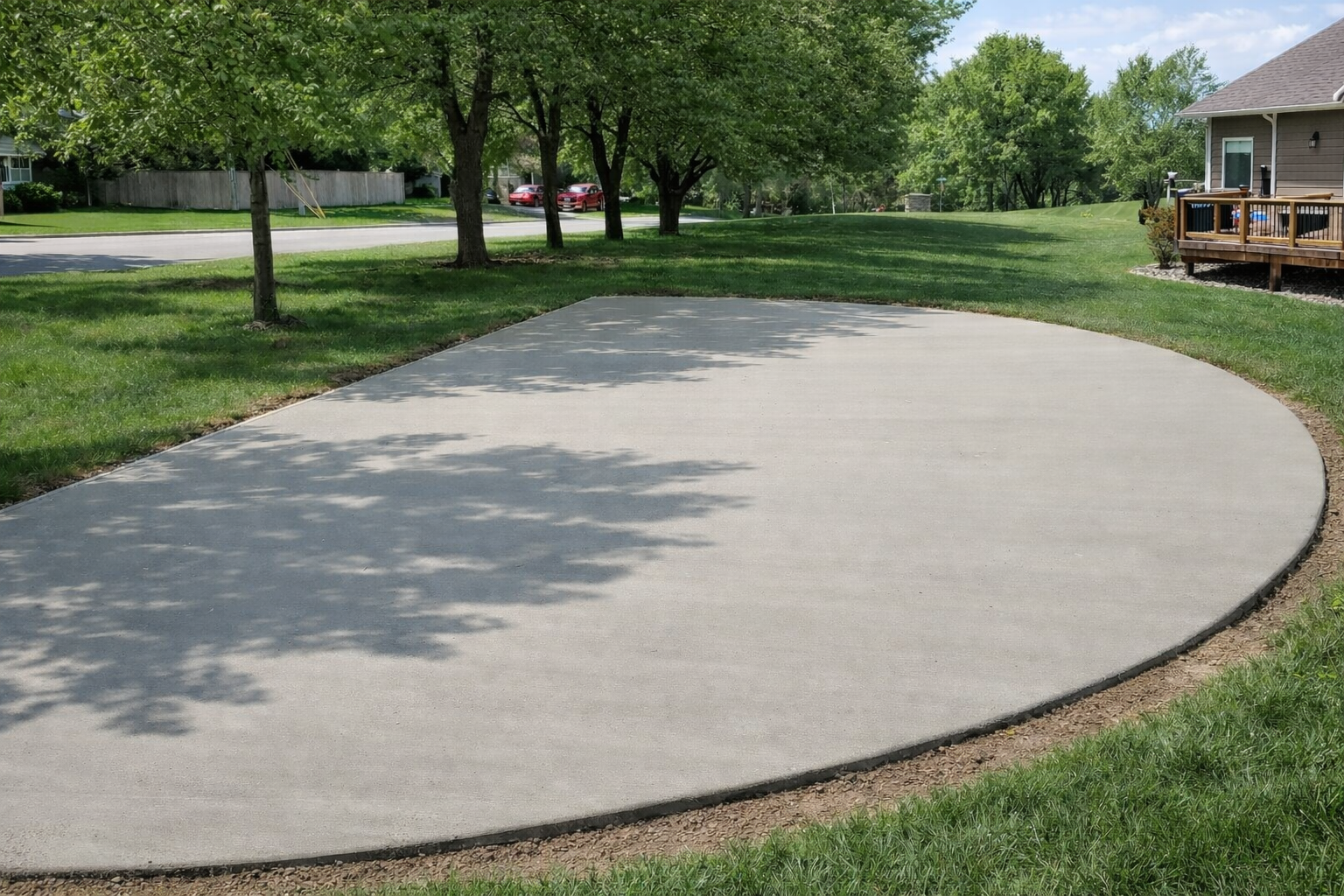 A semicircular concrete patio in a grassy backyard, surrounded by a low border and trees.