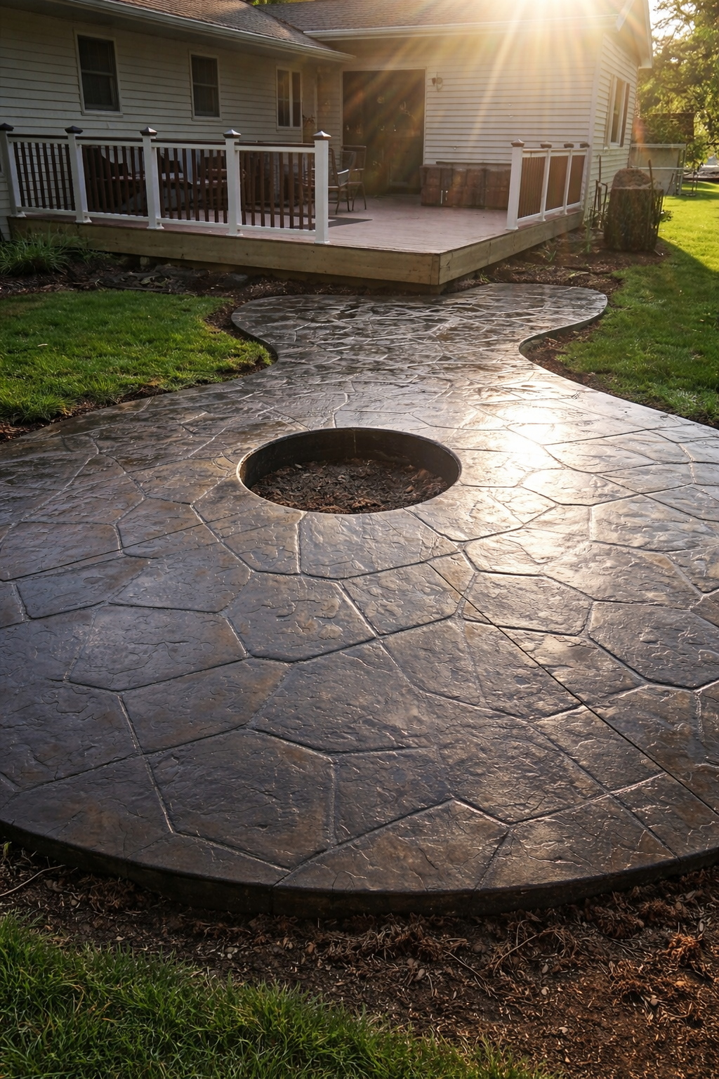 Circular stone patio with fire pit, next to wooden deck and grassy yard, sunlight.