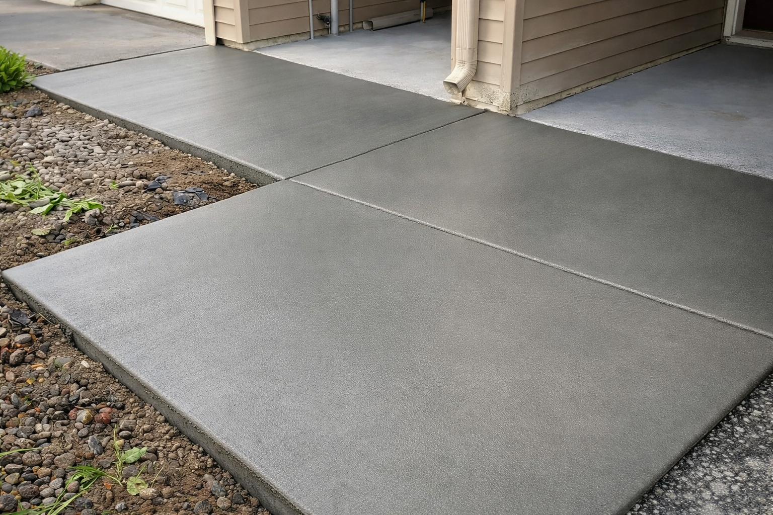 Gray concrete sidewalk next to a gravel and dirt patch, leading to a building.