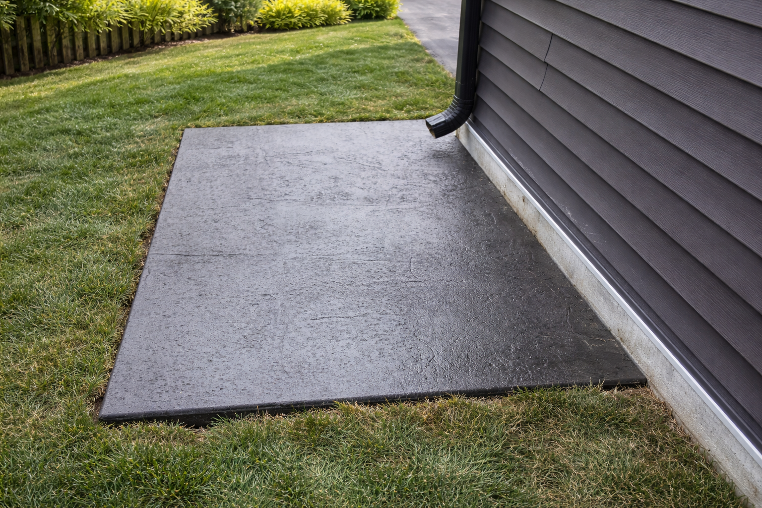 Concrete slab next to a dark gray house. Green grass surrounds it. Black gutter is visible.