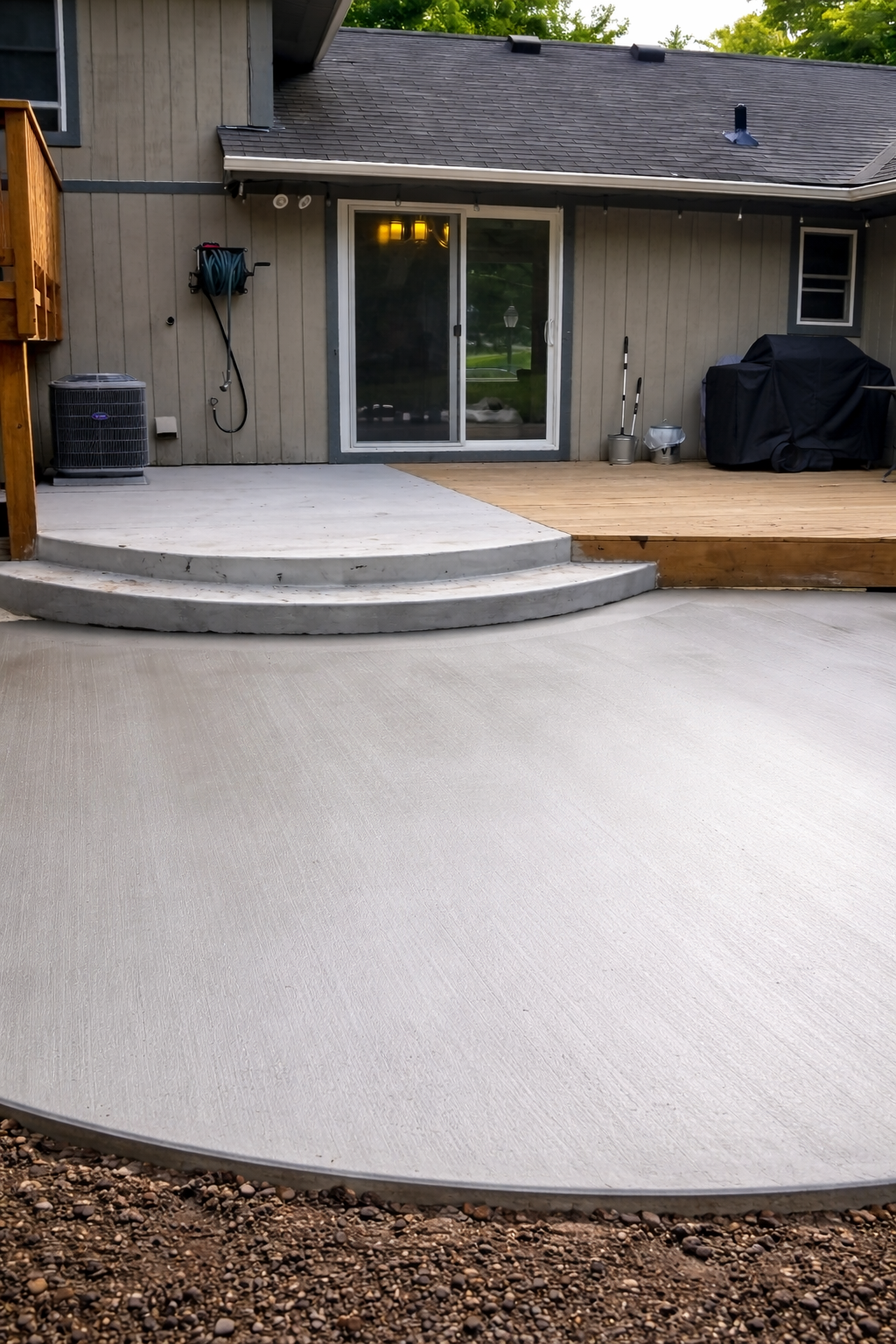 Concrete patio with curved edge and steps leading to a wooden deck and sliding glass door.