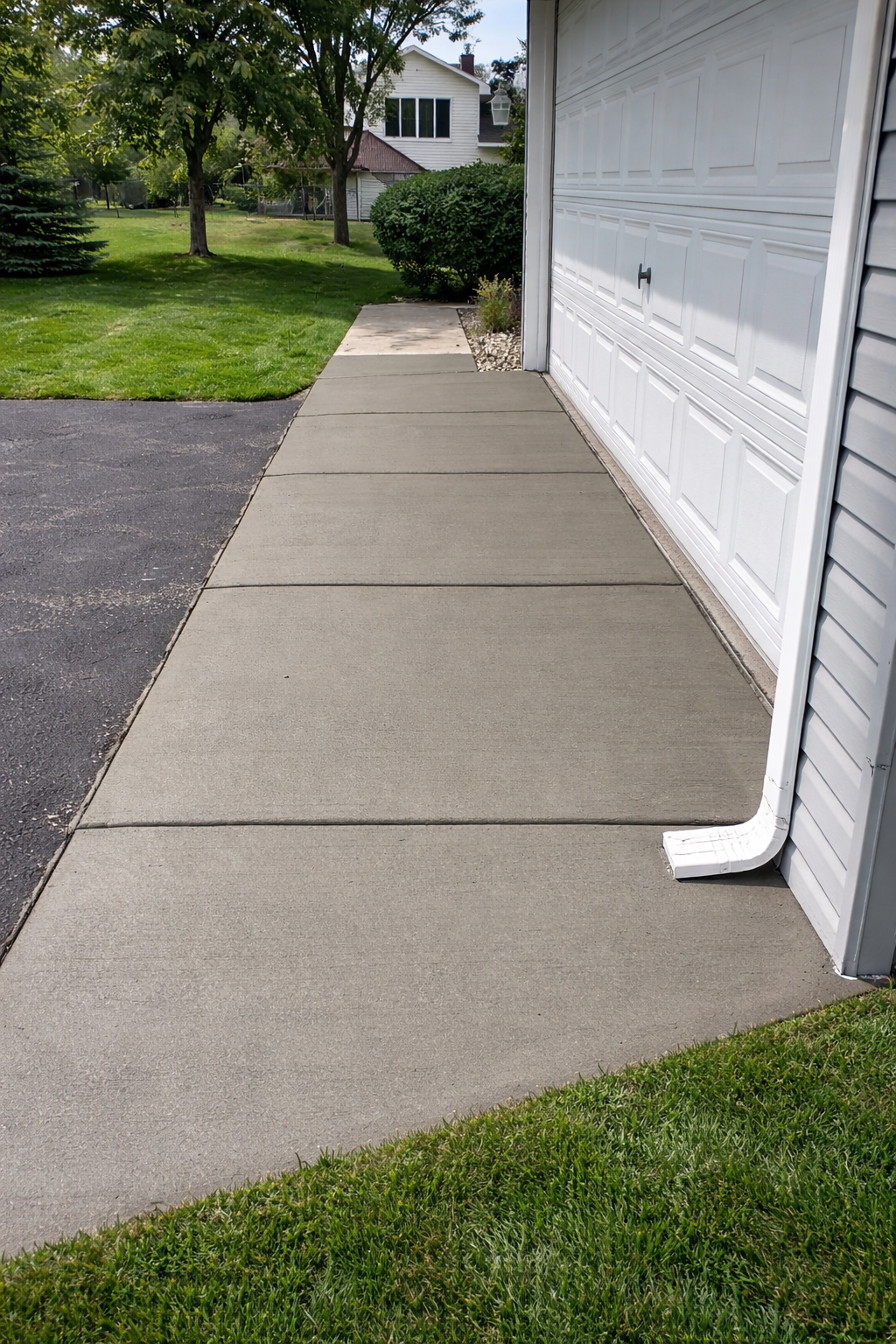 Concrete walkway alongside a white garage, next to a driveway and grassy yard.
