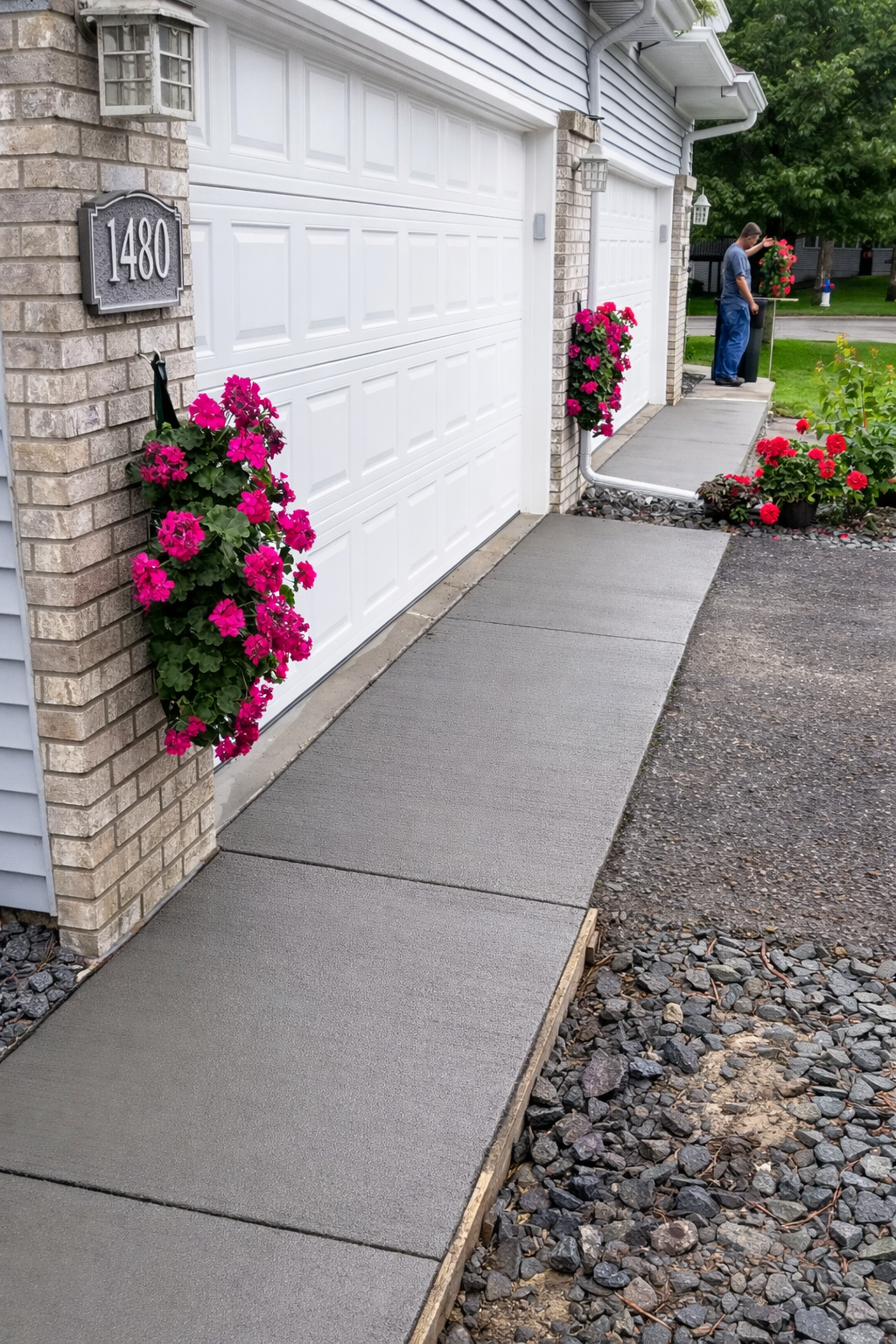 Sidewalk leading to a two-car garage with blooming flowers. Two people stand in the background.