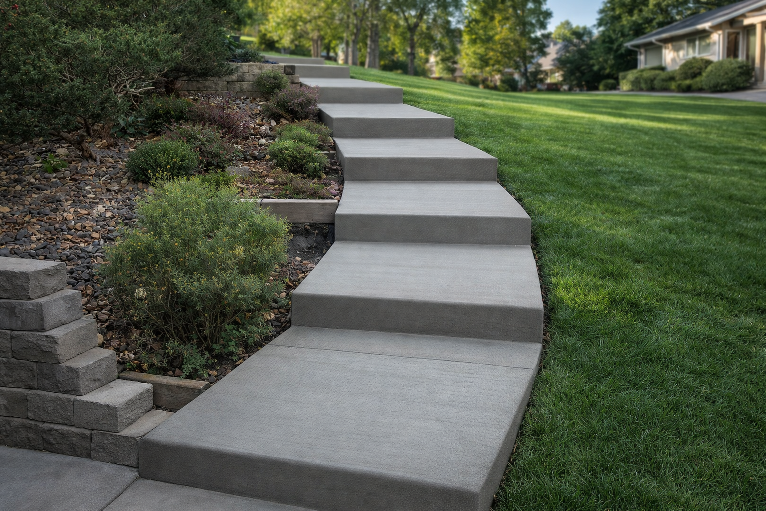 Concrete steps ascending a grassy hillside next to a landscaped garden.