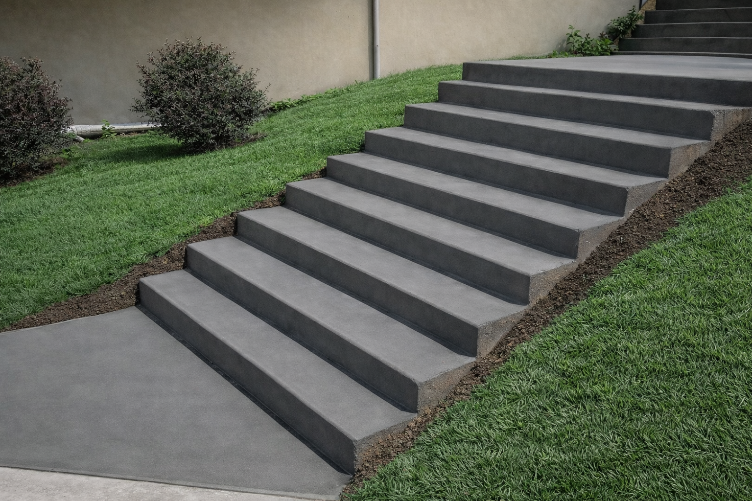 Concrete outdoor staircase with green grass on either side.