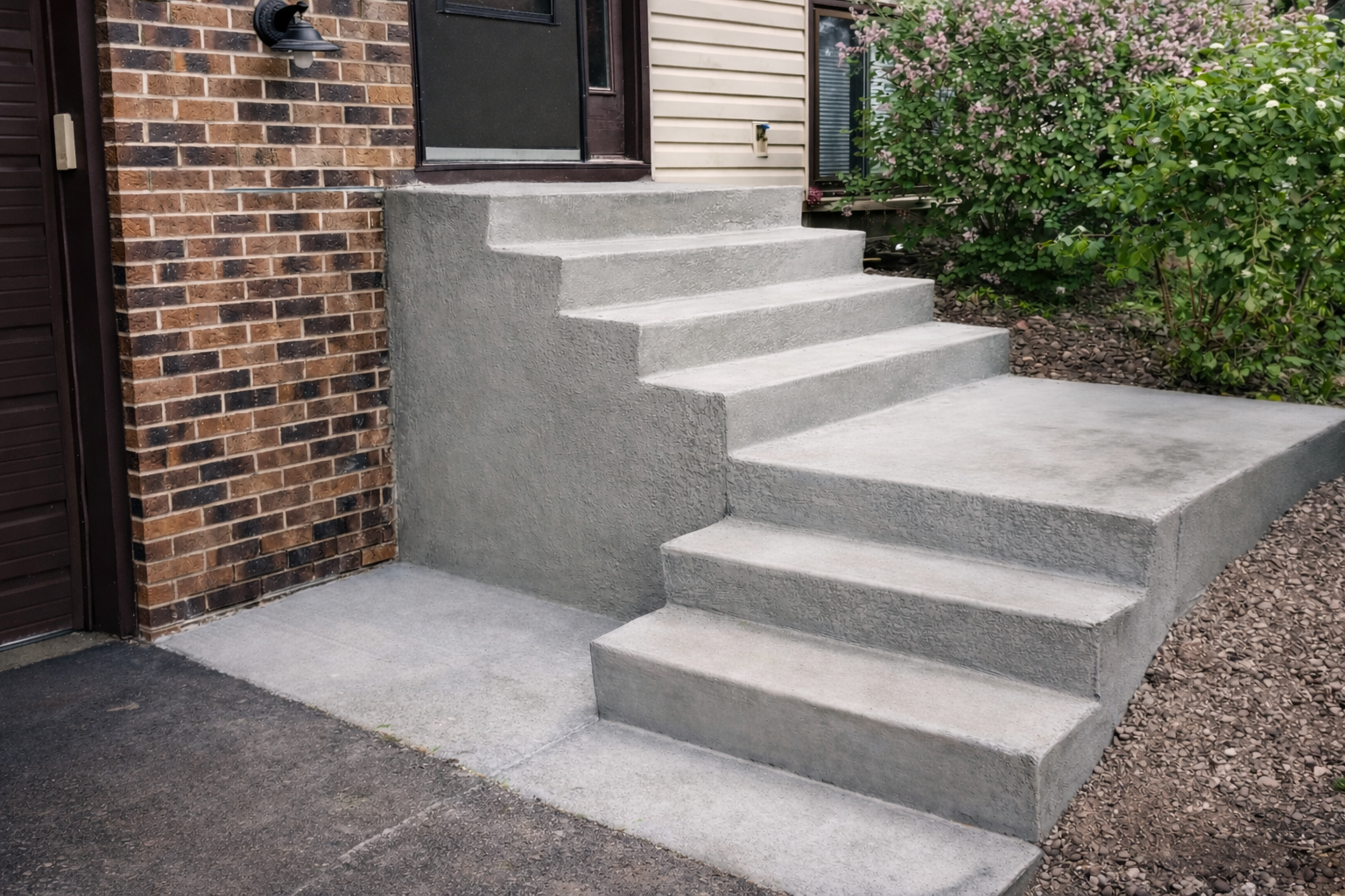 Gray concrete steps leading to a building's entrance. Brick and siding walls visible.
