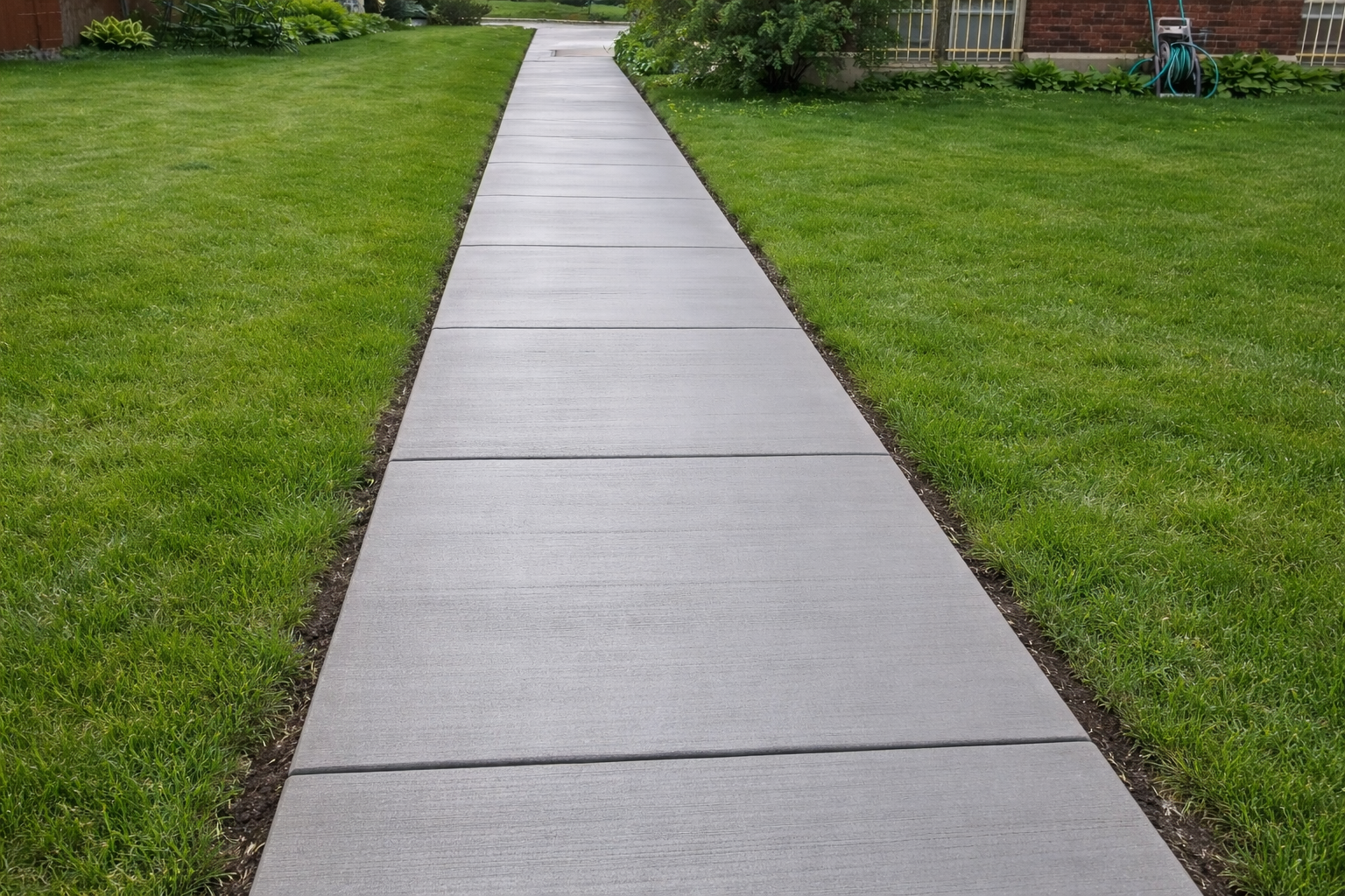Concrete sidewalk bordered by green grass leading to a house.