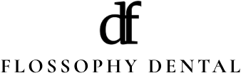 The logo for flossophily dental is black and white.