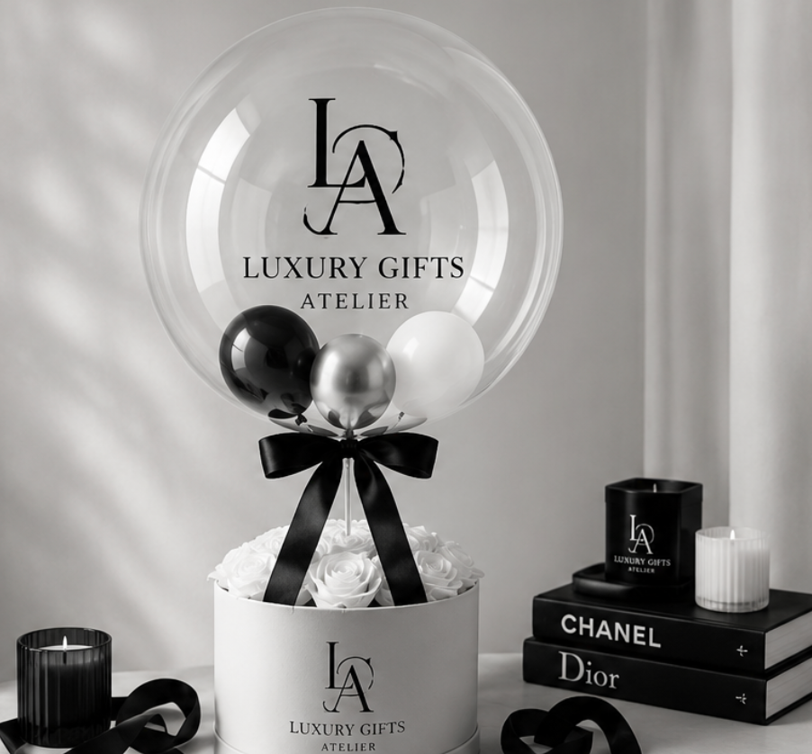 Luxe geschenkpresentatie met transparante ballon, zwart-witte decoratie en gestapelde Chanel- en Dior-boeken.