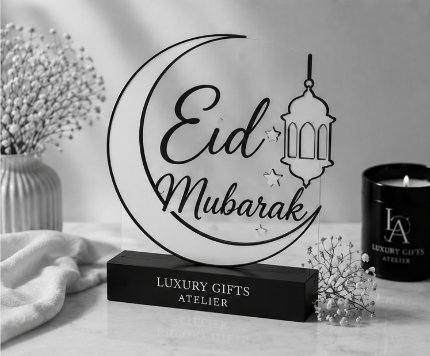 Decoratief Eid Mubarak-bord met lantaarn en kaarsen op een tafel, zwart-witstijl.
