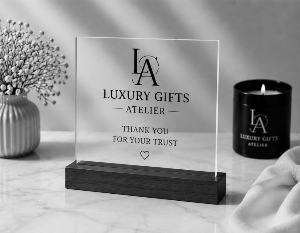 Acrylreclamebord van Luxury Gifts Atelier met zwarte kaars en witte bloemenversiering op een marmeren ondergrond.